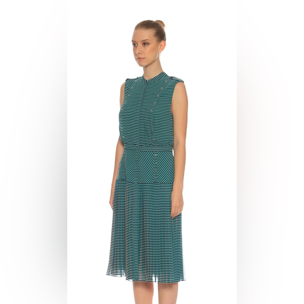 Karen Millen Midi Dress 4 S Green & Navy Blue Striped Designer Women’s Small